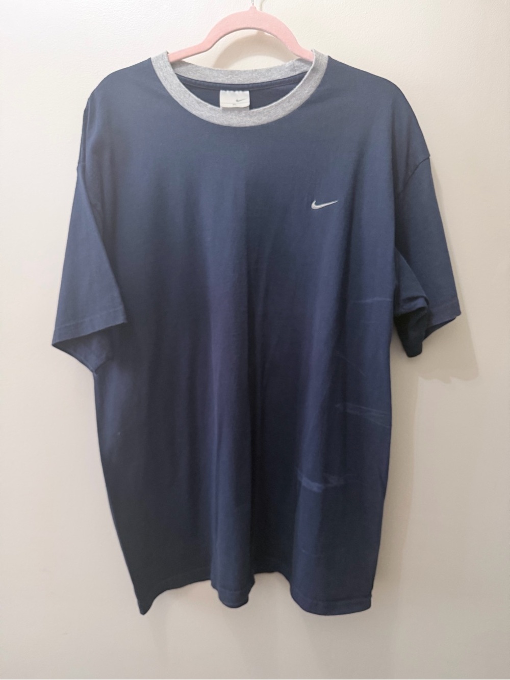 Vintage 90s Nike Navy Blue & Gray Neck / Swish T Shirt Mens XL